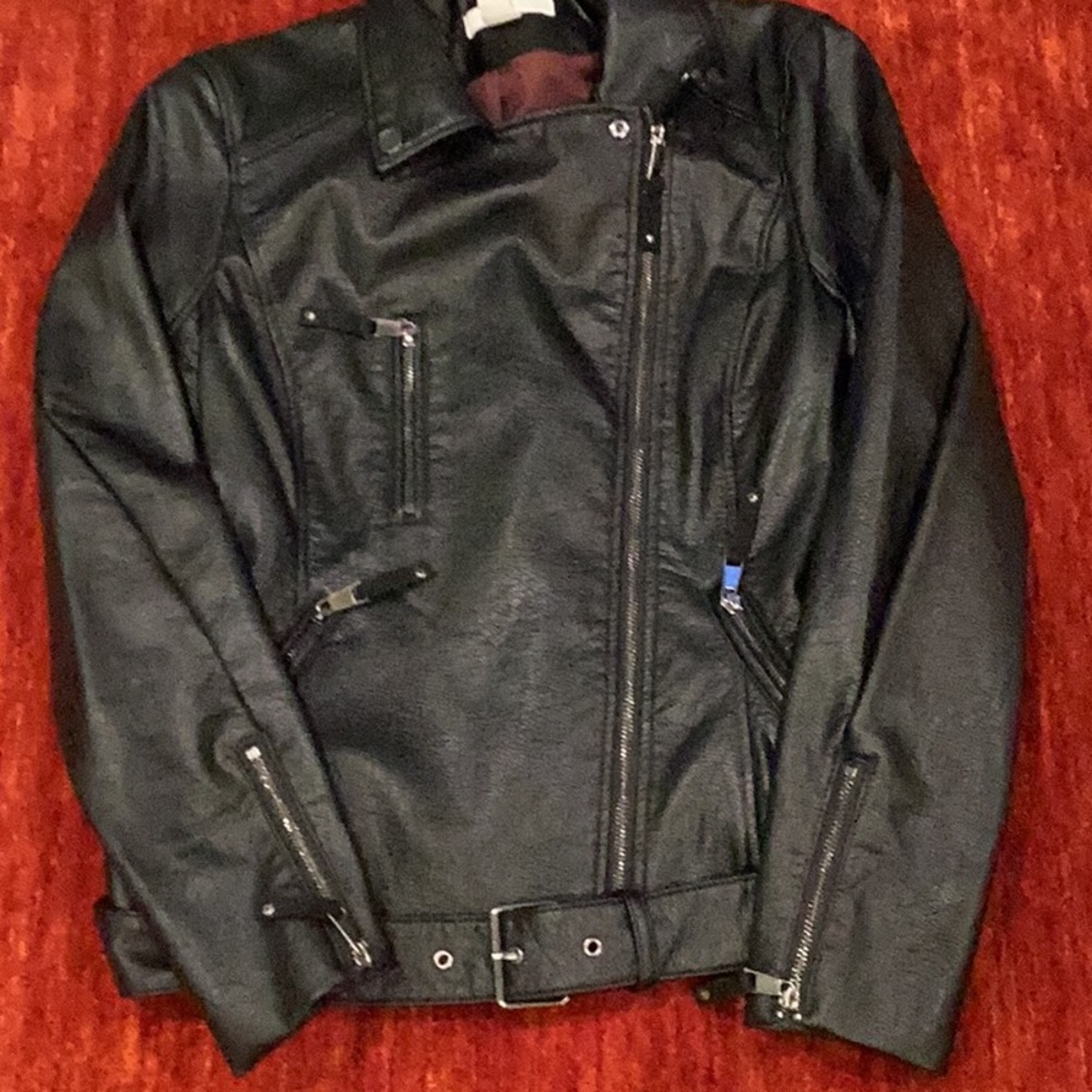 H&M faux black leather moto jacket, size 8.